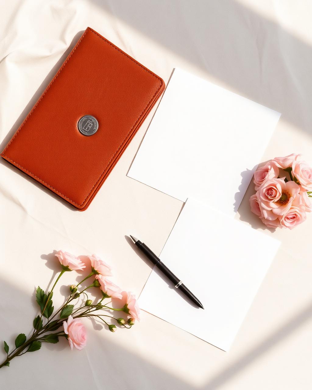 An organized mobile notary kit with a leather portfolio, embosser, and pen
